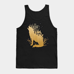 Fairy Tale Metallic Gold Wolf Castle and Trees Tank Top
